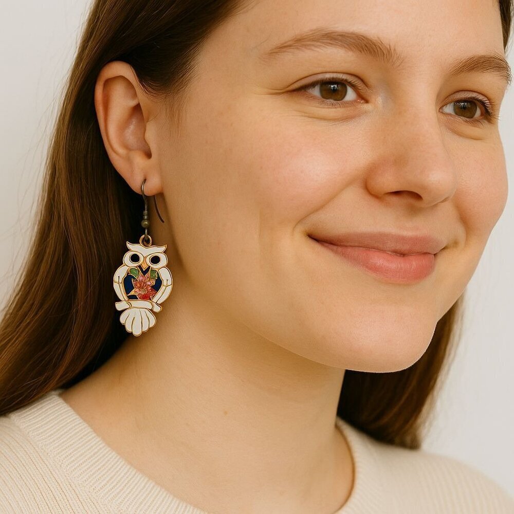 Vintage Stefano Cloisonné Enamel Owl Dangle Earrings Colorful Florals, Gold - Picture 7 of 7